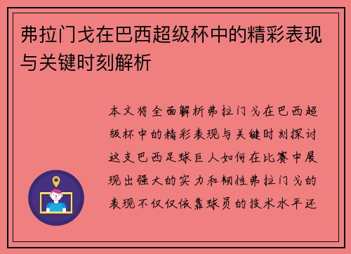 弗拉门戈在巴西超级杯中的精彩表现与关键时刻解析