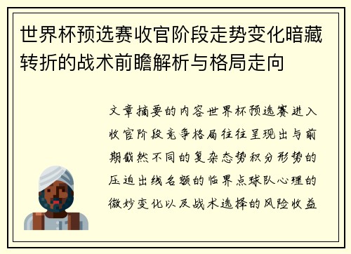 世界杯预选赛收官阶段走势变化暗藏转折的战术前瞻解析与格局走向