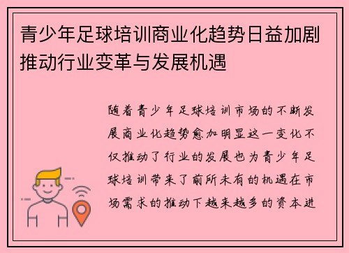 青少年足球培训商业化趋势日益加剧推动行业变革与发展机遇 青少年足球培训商业化趋势日益加剧推动行业变革与发展机遇